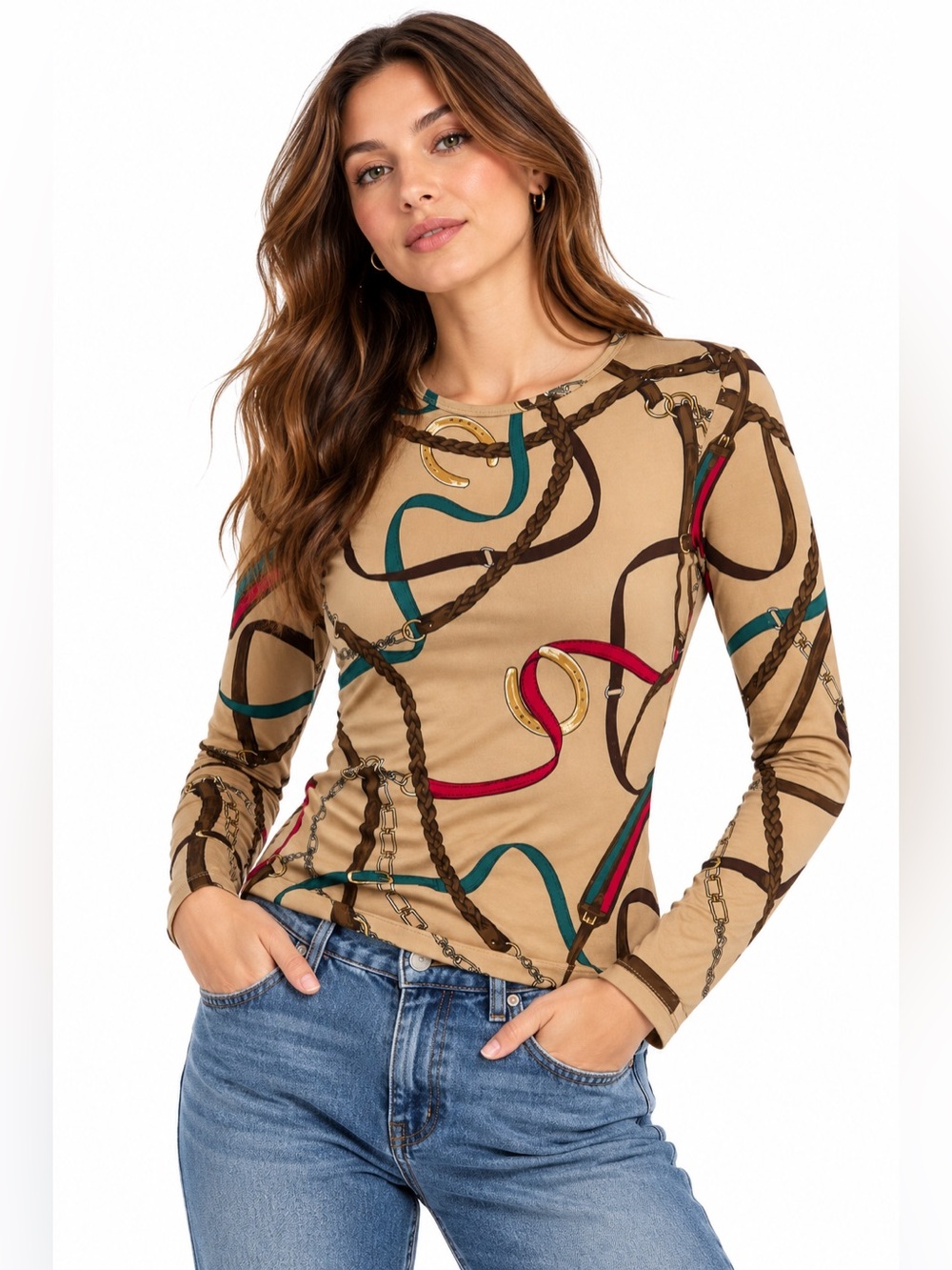 Lauren Ralph Lauren Equestrian Print Top Womens PM Horsebit Chain Quiet Luxury